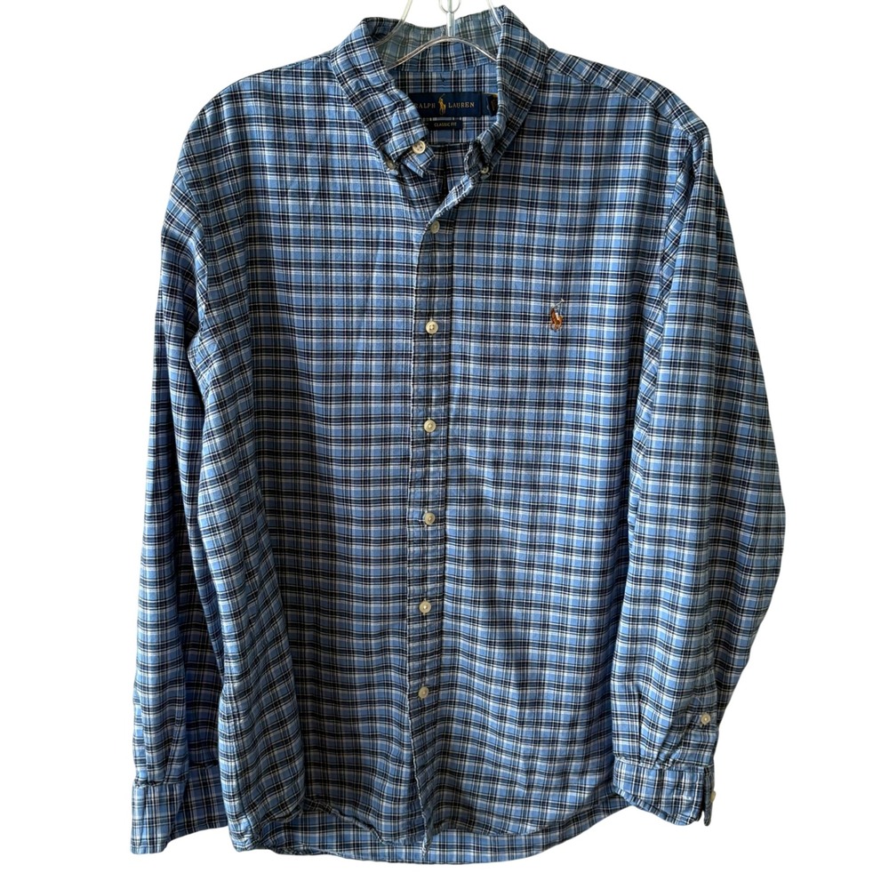 Ralph Lauren Men's Blue Plaid Cotton Button Down Shirt in Size L